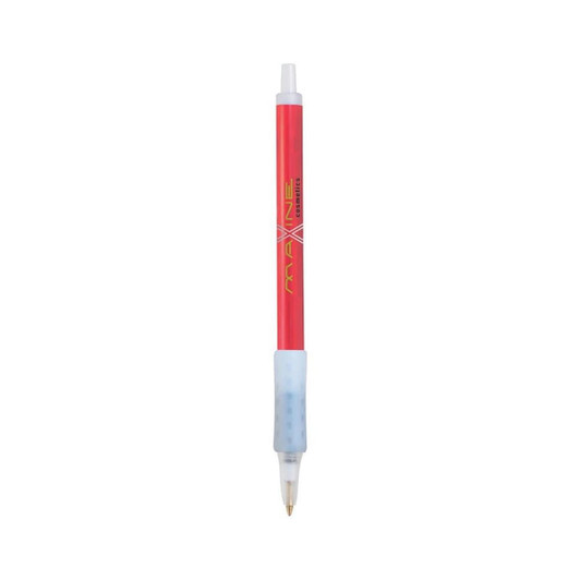 A red pen with a white grip and a logo at the top, designed for smooth writing.