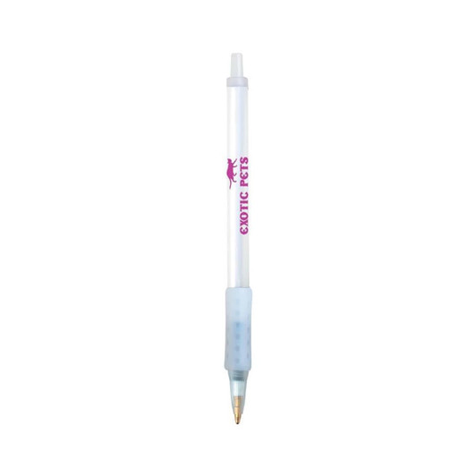 A clear plastic pen with a light blue grip and a branding logo. The pen features a gold tip for writing.