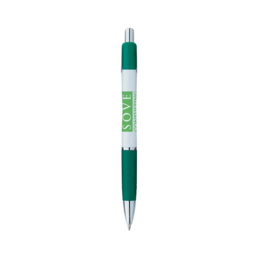 A green and white promotional pen with a branding logo on the barrel.
