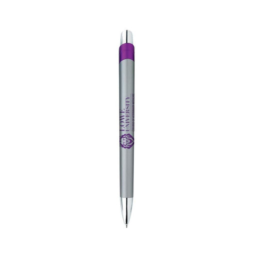 A metal pen in silver and purple, featuring a branding logo on the barrel.
