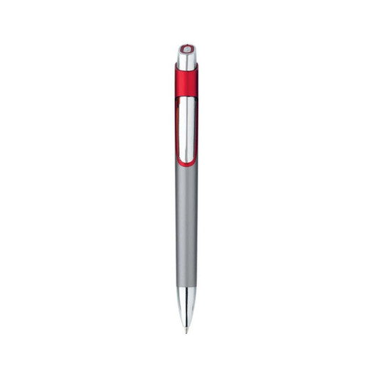 A metal pen with a silver body and red accents, featuring a sleek design and a logo.