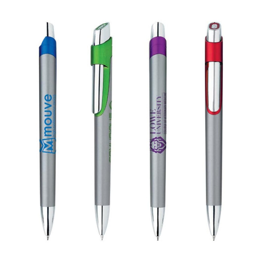 Four metal pens in silver and various colours with clips, featuring different logos.