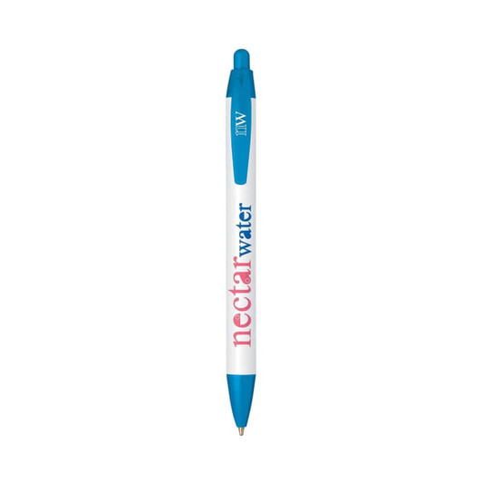 A widebody custom pen in white and blue, featuring a logo.