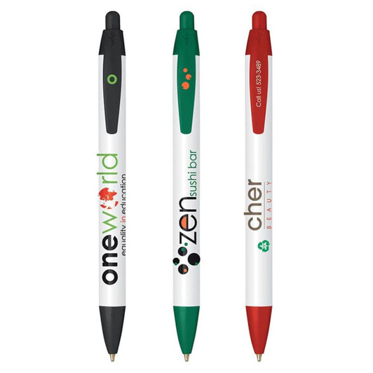 Three Eco Widebody Pens in black, green, and red, featuring logos in various colours on a white barrel.