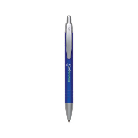 A metal pen in blue with a silver clip and tip, featuring a logo on its body.