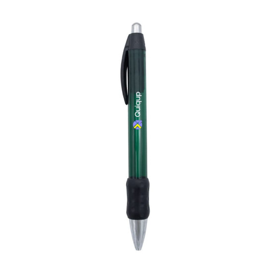 A metal pen with a green body, black grip, and silver tip, featuring a logo on the side.