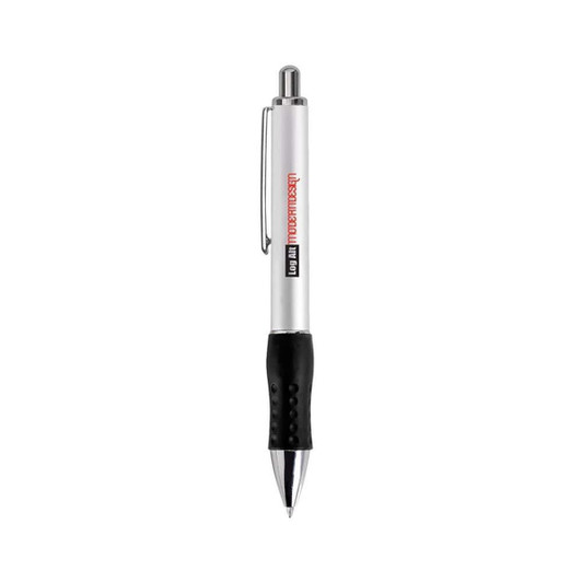 A silver retractable pen with a black rubber grip and a logo.