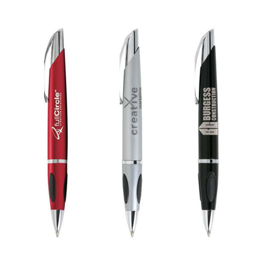 Three Protrusion Grip Pens in red, silver, and black with a logo on each pen.