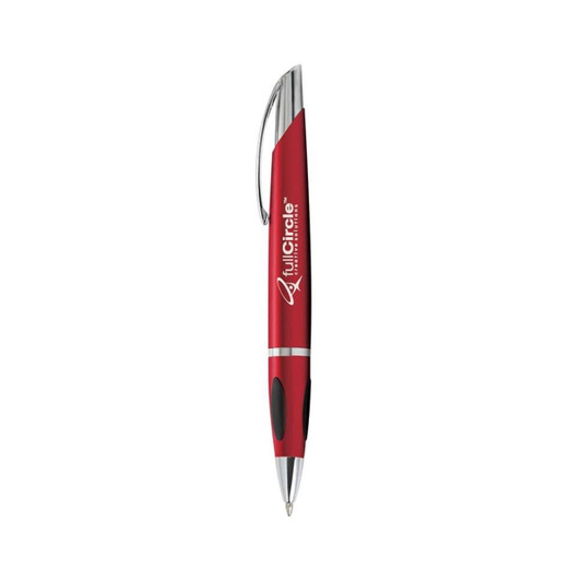 A red pen with a shiny silver clip and black rubber grip, featuring a logo on the side.