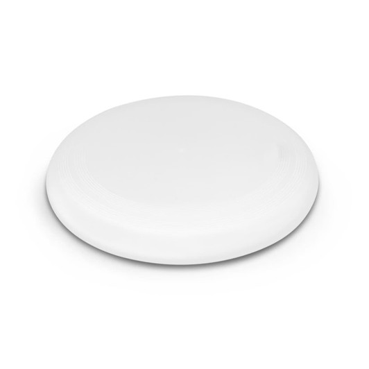 A small white flying disc, designed for outdoor activities.