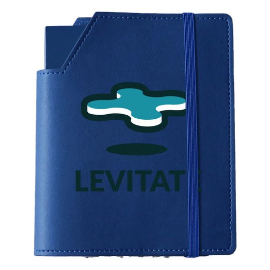 A blue leatherette notebook with an elastic band and a logo on the front cover.