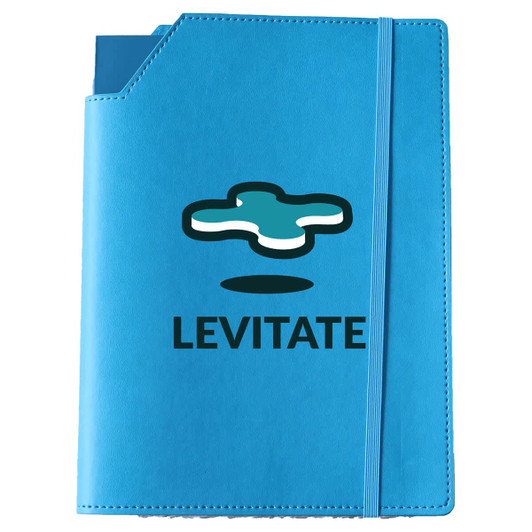 A turquoise leatherette notebook cover with an elastic band and a pocket, featuring a logo on the front.