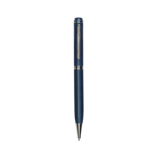 A metal twist pen in navy blue with a silver clip and accents. It features a branded logo.