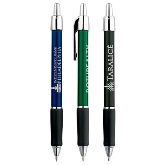 A set of three metallic pens in blue, green, and black, featuring a logo on each pen.