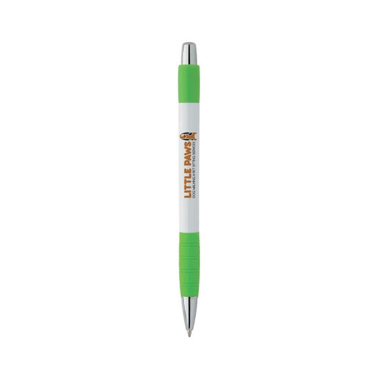 A white and green pen with a grip, featuring a logo. The pen has a silver clip and tip.