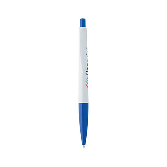A plastic pen with a blue tip and blue grip, featuring a white barrel and a logo.