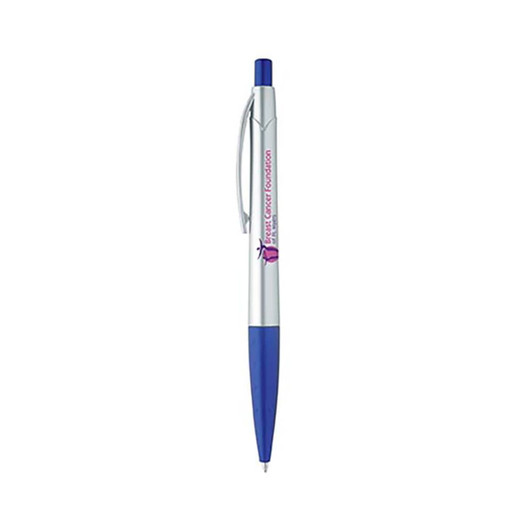 A silver and blue plastic pen featuring a clip and a logo. Ideal for writing or promotional use.