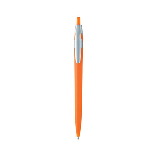 An orange plastic pen with a silver clip and a smooth barrel, featuring a logo on the body.