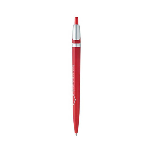 A red plastic pen with a silver clip and tip, featuring a logo.