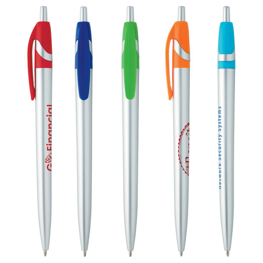 A collection of five silver metal pens with coloured accents in blue, green, orange, and turquoise. Each pen features a logo.