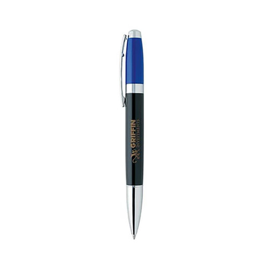 A multi-coloured twist pen featuring a blue top, black barrel, and silver accents, with a logo on the barrel.