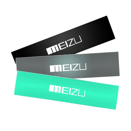 Three glossy paper stickers in black, grey, and teal, featuring a logo. Each sticker measures 75 x 210mm.