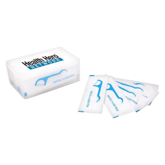 Dental floss picks packaged in a clear box, featuring a blue design and a logo.