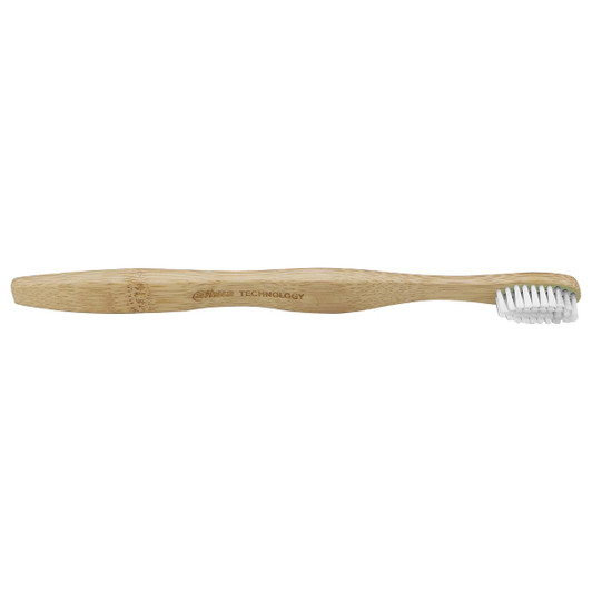 A bamboo toothbrush with a wooden handle and white bristles, featuring a logo on the side.
