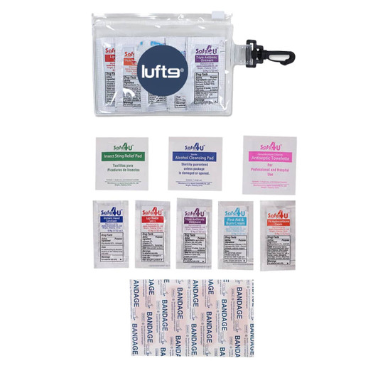 A clear plastic pouch containing various first aid supplies, including antiseptic wipes, insect sting relief pads, and bandages.