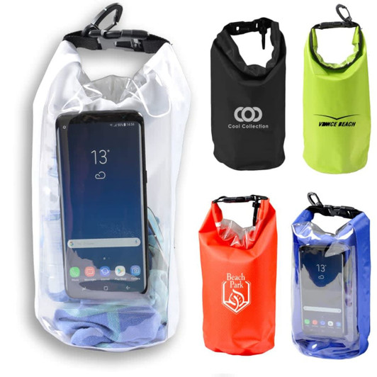 A 2.5L dry bag in various colours, featuring a transparent section and a clip, showcasing different designs and branding.