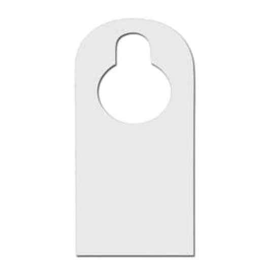 A white double-sided door hanger with a circular cutout at the top. The design is simple and untextured.