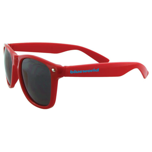Red sunglasses with dark lenses, featuring a branded logo on the side. Ideal for leisure and outdoor activities.
