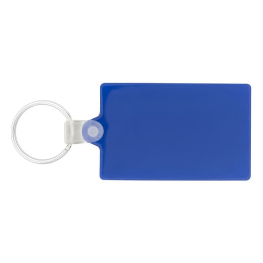 A blue rectangular keychain with a silver keyring attachment and a transparent connector.