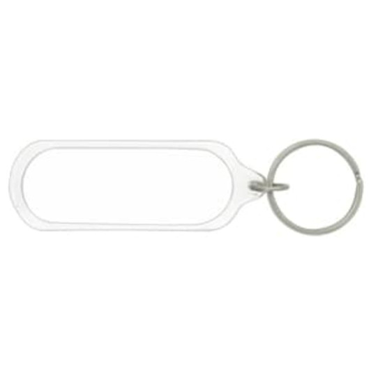 An oval acrylic keychain with a transparent body and a metal ring.