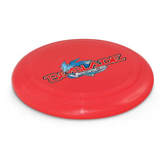 A red flying disc featuring a blue and black design with the word "Beyblade" prominently displayed on the top.