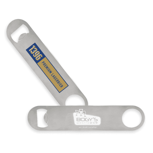 A drink bottle opener made of stainless steel featuring a logo and two bottle-opening ends in a sleek design.