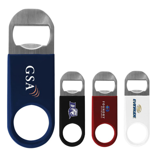 A drink bottle opener set featuring three vinyl bottle openers in navy, black, red, and silver with various logos.
