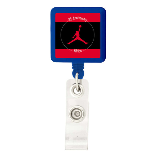 A blue rectangle badge holder with a clear clip and a logo in the centre featuring a red and black design.