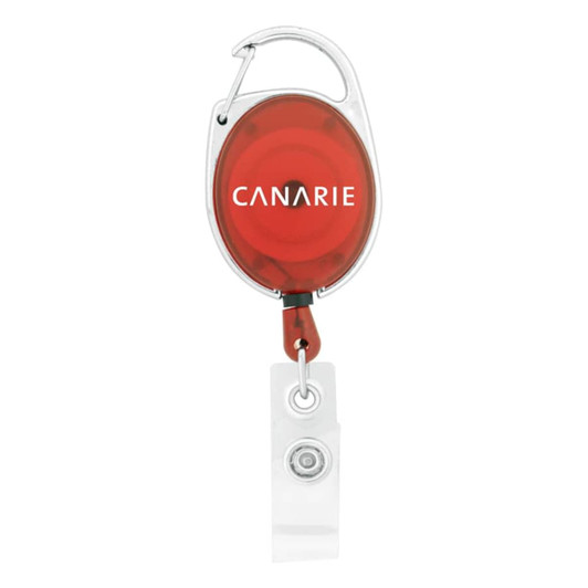 A retractable badge holder in red with a silver clip and a transparent badge attachment at the bottom.