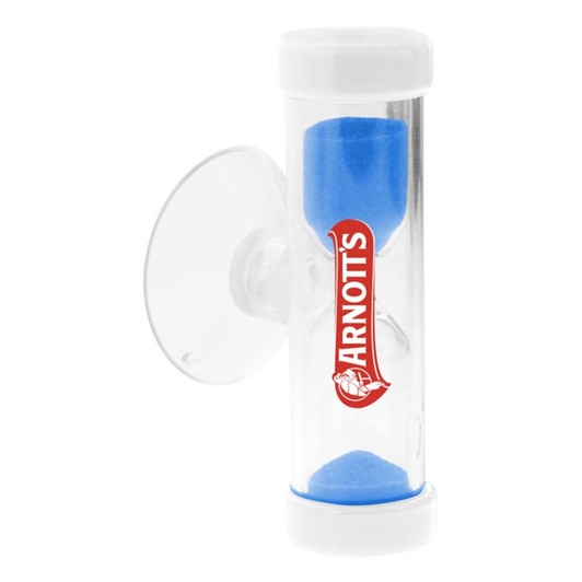 A transparent five-minute sand timer with blue sand and a branded logo, featuring a white cap and suction attachment.
