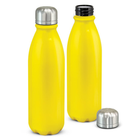 A drink bottle in bright yellow with a stainless steel cap, featuring an attached metal logo.
