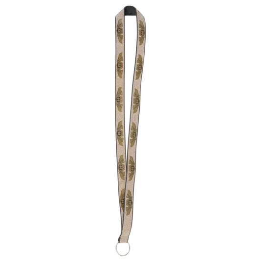A glittery 19mm custom lanyard in gold and beige with a loop at the end and a branding logo.