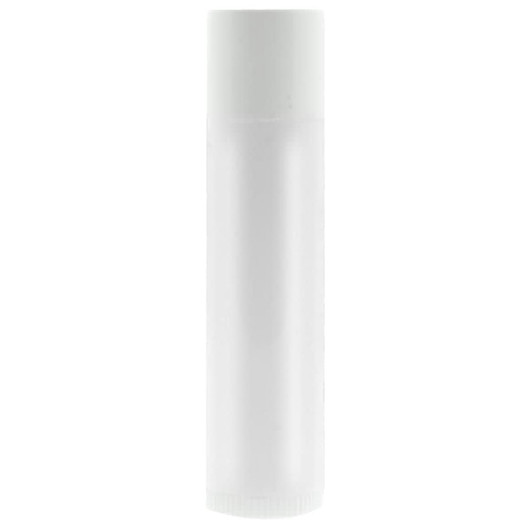 A clear lip balm container with a white cap, featuring a simple design and a visible branding logo.