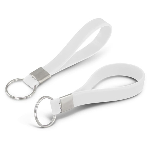 A white silicone key ring featuring a debossed design and a metal keyring attachment.