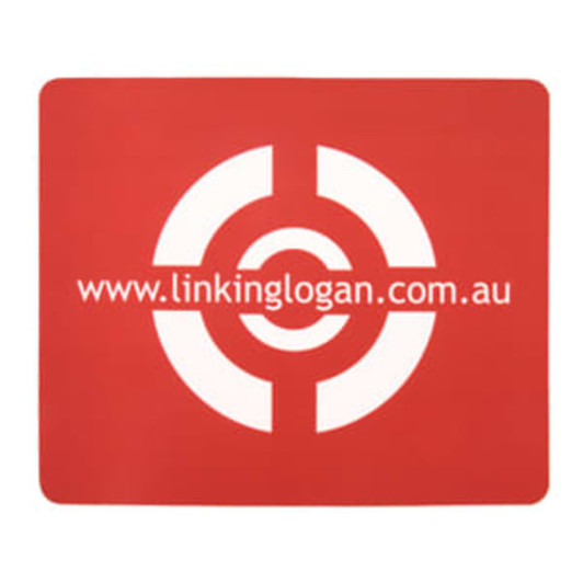 A red mouse mat featuring a circular design and a logo. Dimensions are 230mm x 190mm.