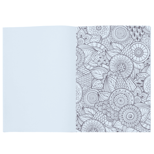 A5 colouring book featuring intricate black and white floral designs on one page and a blank page on the other.