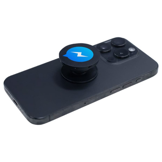 A black phone with a blue and black Expandit Phone Grip attached, featuring a logo on the grip.