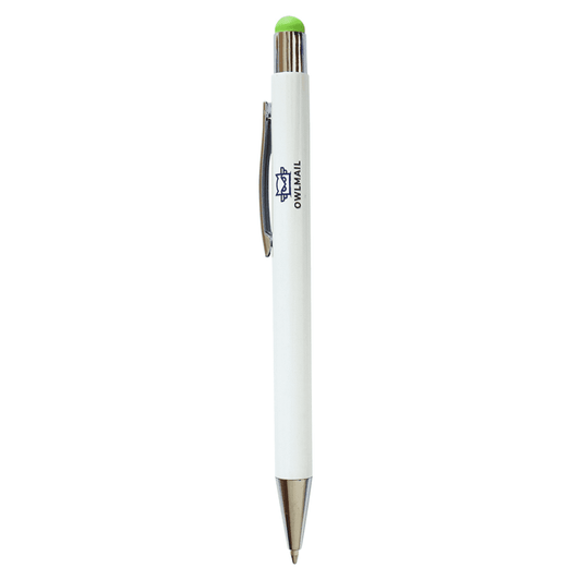 A stylus pen featuring a white barrel with a green top and silver trim, including a logo.