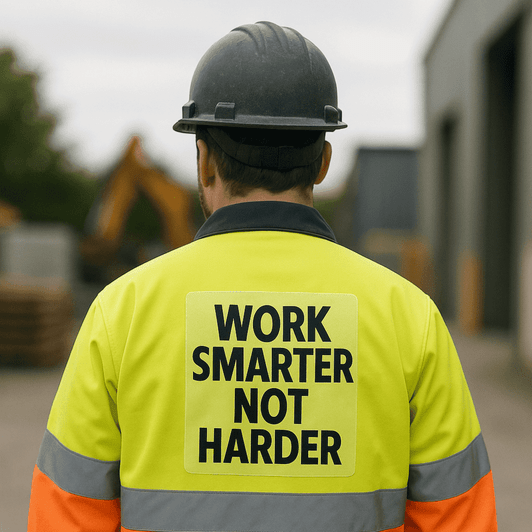 A worker in a high-visibility yellow jacket and hard hat, facing away, on a construction site.
