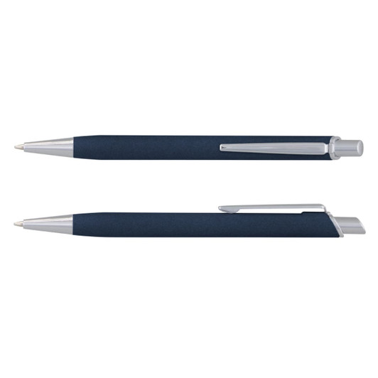 A metal pen in dark blue with a silver clip and tip, featuring a logo.